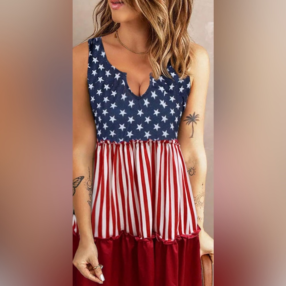 American Flag Star Vertical Striped Ruffled Mini Dress SM